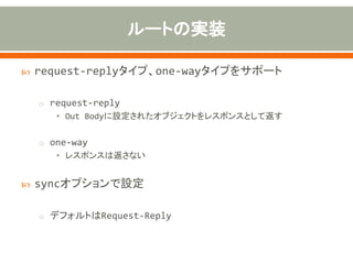  request-replyタイプ、one-wayタイプをサポート
o request-reply
• Out Bodyに設定されたオブジェクトをレスポンスとして返す
o one-way
• レスポンスは返さない
 syncオプションで設定
o デフォルトはRequest-Reply
 