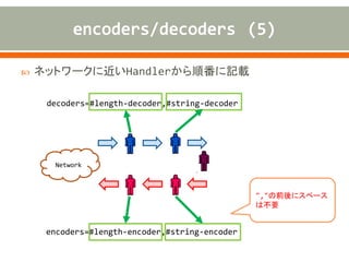  ネットワークに近いHandlerから順番に記載
decoders=#frame-decoder,#userinfo-decoder
Network
encoders=#frame-encoder,#userinfo-encoder
","の前後にスペース
は不要
 