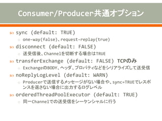  Camelのルートでは、Exchangeから受信したオブジェクトを
取得し、業務処理を行う。
 レスポンスを返す場合は、オブジェクトをBODYに設定する。
public class UpdateUserInfoProcessor implements Processor {
@Override
public void process(Exchange exchange) throws Exception {
// メッセージをオブジェクトに変換したものを取得
UserInfo info = (UserInfo) exchange.getIn().getBody(UserInfo.class);
// 業務処理
UserInfo modified = updateUserInfo(info);
// 送信するオブジェクトをBODYに設定
exchange.getOut().setBody(modified);
}
(snip)
}
 