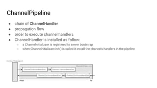 ChannelPipeline
● chain of ChannelHandler
● propagation ﬂow
● order to execute channel handlers
● ChannelHandler is installed as follow:
○ a Channelnitializaer is registered to server bootstrap
○ when Channelnitializaer.init() is called it install the channels handlers in the pipeline
 