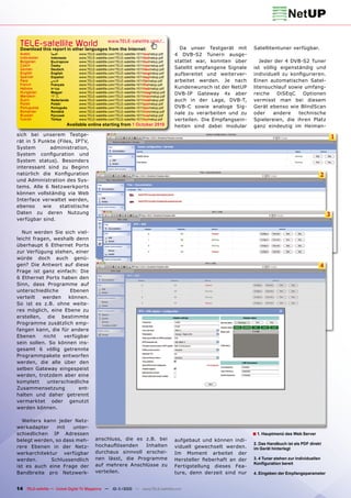 TELE-satelliteother languageswww.TELE-satellite.com/...
 Download this report in
                         World from the Internet:                                           Da unser Testgerät mit       Satellitentuner verfügbar.
 Arabic          ‫العربية‬       www.TELE-satellite.com/TELE-satellite-1011/ara/netup.pdf   4 DVB-S2 Tunern ausge-
 Indonesian      Indonesia     www.TELE-satellite.com/TELE-satellite-1011/bid/netup.pdf
 Bulgarian       Български     www.TELE-satellite.com/TELE-satellite-1011/bul/netup.pdf   stattet war, konnten über         Jeder der 4 DVB-S2 Tuner
 Czech           Česky         www.TELE-satellite.com/TELE-satellite-1011/ces/netup.pdf
 German          Deutsch       www.TELE-satellite.com/TELE-satellite-1011/deu/netup.pdf   Satellit empfangene Signale    ist völlig eigenständig und
 English         English       www.TELE-satellite.com/TELE-satellite-1011/eng/netup.pdf   aufbereitet und weiterver-     individuell zu konfigurieren.
 Spanish         Español       www.TELE-satellite.com/TELE-satellite-1011/esp/netup.pdf
 Farsi           ‫فارس ي‬        www.TELE-satellite.com/TELE-satellite-1011/far/netup.pdf   arbeitet werden. Je nach       Einen automatischen Satel-
 French          Français      www.TELE-satellite.com/TELE-satellite-1011/fra/netup.pdf
 Hebrew          ‫עברית‬         www.TELE-satellite.com/TELE-satellite-1011/heb/netup.pdf   Kundenwunsch ist der NetUP     litensuchlauf sowie umfang-
 Hungarian
 Mandarin
                 Magyar
                 中文
                               www.TELE-satellite.com/TELE-satellite-1011/mag/netup.pdf
                               www.TELE-satellite.com/TELE-satellite-1011/man/netup.pdf
                                                                                          DVB-IP Gateway 4x aber         reiche    DiSEqC    Optionen
 Dutch           Nederlands    www.TELE-satellite.com/TELE-satellite-1011/ned/netup.pdf   auch in der Lage, DVB-T,       vermisst man bei diesem
 Polish          Polski        www.TELE-satellite.com/TELE-satellite-1011/pol/netup.pdf
 Portuguese      Português     www.TELE-satellite.com/TELE-satellite-1011/por/netup.pdf   DVB-C sowie analoge Sig-       Gerät ebenso wie BlindScan
 Romanian        Română        www.TELE-satellite.com/TELE-satellite-1011/rom/netup.pdf
 Russian         Русский       www.TELE-satellite.com/TELE-satellite-1011/rus/netup.pdf
                                                                                          nale zu verarbeiten und zu     oder     andere   technische
 Turkish         Türkçe        www.TELE-satellite.com/TELE-satellite-1011/tur/netup.pdf   verteilen. Die Empfangsein-    Spielereien, die ihren Platz
                         Available online starting from 1 October 2010                    heiten sind dabei modular      ganz eindeutig im Heiman-
sich bei unserem Testge-
                                                                                                                                                                   1
rät in 5 Punkte (Files, IPTV,
System        administration,
System configuration und
System status). Besonders
interessant sind zu Beginn
natürlich die Konfiguration                                                                                                                                2
und Administration des Sys-
tems. Alle 6 Netzwerkports
können vollständig via Web
Interface verwaltet werden,
ebenso     wie   statistische
Daten zu deren Nutzung                                                                                                                                         3
verfügbar sind.

  Nun werden Sie sich viel-
leicht fragen, weshalb denn
überhaupt 6 Ethernet Ports
zur Verfügung stehen, einer
würde doch auch genü-
gen? Die Antwort auf diese                                                                                                                                 4
Frage ist ganz einfach: Die
6 Ethernet Ports haben den
Sinn, dass Programme auf
unterschiedliche     Ebenen
verteilt   werden   können.
So ist es z.B. ohne weite-
res möglich, eine Ebene zu
erstellen, die bestimmte
Programme zusätzlich emp-
fangen kann, die für andere
Ebenen     nicht  verfügbar
sein sollen. So können ins-
gesamt 6 völlig getrennte
Programmpakete entworfen
werden, die alle über den
selben Gateway eingespeist
werden, trotzdem aber eine
komplett    unterschiedliche
Zusammensetzung         ent-
halten und daher getrennt
vermarktet oder genutzt
werden können.

  Weiters kann jeder Netz-
werkadapter    mit    unter-
schiedlichen IP Adressen                                                                                                 ■ 1. Hauptmenü des Web Server
belegt werden, so dass meh-              anschluss, die es z.B. bei                       aufgebaut und können indi-
                                         hochauflösenden   Inhalten                                                      2. Das Handbuch ist als PDF direkt
rere Ebenen in der Netz-                                                                  viduell gewechselt werden.     im Gerät hinterlegt
werkarchitektur verfügbar                durchaus sinnvoll erschei-                       Im Moment arbeitet der
werden.      Schlussendlich              nen lässt, die Programme                         Hersteller fieberhaft an der   3. 4 Tuner stehen zur individuellen
                                         auf mehrere Anschlüsse zu                                                       Konfiguration bereit
ist es auch eine Frage der                                                                Fertigstellung dieses Fea-
Bandbreite pro Netzwerk-                 verteilen.                                       ture, denn derzeit sind nur    4. Eingeben der Empfangsparameter


14 TELE-satellite — Global Digital TV Magazine — 10-1
                                                    1/2010 — www.TELE-satellite.com
 
