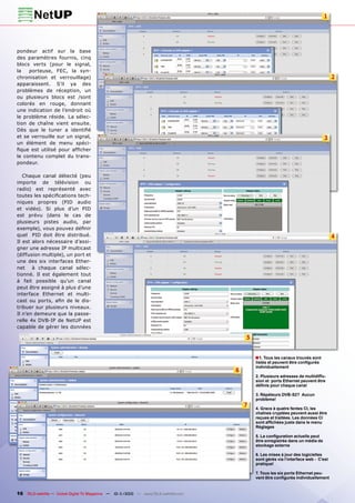 1




pondeur actif sur la base
des paramètres fournis, cinq
blocs verts (pour le signal,
la   porteuse, FEC, la syn-
chronisation et verrouillage)                                                                                                          2
apparaissent. S’il ya des
problèmes de réception, un
ou plusieurs blocs est /sont
colorés en rouge, donnant
une indication de l’endroit où
le problème réside. La sélec-
tion de chaîne vient ensuite.
Dès que le tuner a identifié
et se verrouille sur un signal,                                                                                                   3
un élément de menu spéci-
fique est utilisé pour afficher
le contenu complet du trans-
pondeur.

   Chaque canal détecté (peu
importe de télévision ou
radio) est représenté avec
toutes les spécifications tech-
niques propres (PID audio
et vidéo). Si plus d’un PID
est prévu (dans le cas de
plusieurs pistes audio, par
exemple), vous pouvez définir
quel PID doit être distribué.                                                                                                          4
Il est alors nécessaire d’assi-
gner une adresse IP multicast
(diffusion multiple), un port et
une des six interfaces Ether-
net à chaque canal sélec-
tionné. Il est également tout
à fait possible qu’un canal
peut être assigné à plus d’une
interface Ethernet et multi-
cast ou ports, afin de le dis-
tribuer sur plusieurs niveaux.
Il n’en demeure que la passe-
relle 4x DVB-IP de NetUP est
capable de gérer les données

                                                                                          5


                                                                                              ■ 1. Tous les canaux trouvés sont
                                                                                              listés et peuvent être configurés
                                                                                              individuellement
                                                                                      6
                                                                                              2. Plusieurs adresses de multidiffu-
                                                                                              sion et ports Ethernet peuvent être
                                                                                              définis pour chaque canal

                                                                                              3. Répéteurs DVB-S2? Aucun
                                                                                              problème!
                                                                                          7   4. Grace à quatre fentes CI, les
                                                                                              chaînes cryptées peuvent aussi être
                                                                                              reçues et traitées. Les données CI
                                                                                              sont affichées juste dans le menu
                                                                                              Réglages

                                                                                              5. La configuration actuelle peut
                                                                                              être enregistrée dans un média de
                                                                                              stockage externe

                                                                                              6. Les mises à jour des logicielles
                                                                                              sont gérés via l‘interface web - C’est
                                                                                              pratique!

                                                                                              7. Tous les six ports Ethernet peu-
                                                                                              vent être configurés individuellement


16 TELE-satellite — Global Digital TV Magazine — 10-1
                                                    1/2010 — www.TELE-satellite.com
 