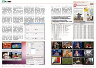 More on This Manufacturer
                                                                                                                                                                                                                                Read TELE-satellite’s Company Report:

                                                                                                                                                                                                                                NETUP	
werden und stellt somit vier              dene Plattformen zur Ver-                   Um zu testen, haben wir           enorme Reserven vorhan-        kann und mittels Secure-          butionen direkt installiert
                                                                                                                                                                                                                                IPTV Software and Hardware Producer, Russia
komplette Transponder im                  fügung steht. Vorteil dieser              gleich 4 VLC Fenster geöff-         den waren, wie in Bild 17 zu   Shell (ssh) auf diesen zu-        werden. Außerdem wird für
Netzwerk bereit. Diese kön-               Lösung ist die einfache Im-               net und vier Streams paral-         erkennen ist.                  greift.                           die Bereitstellung des IPTV-
nen dann von IPTV-Recei-                  plementierung unseres Vor-                lel gestreamt, wie auf Bild           Bei unserem Netzwerk           Ein Beispiel für ein sol-       Streams in großen Netzen
vern empfangen werden.                    habens.                                   16 zu sehen. Auf drei wei-          handelt es sich um ein 100     ches IPTV-Streaming Pro-          nicht Unicast, sondern Mul-
  In Hotels kann man so                     Für den Server muss le-                 teren Computern wurden              Mbps Netzwerk, 1000 Mbps       gramm ist MumuDVB. Die-           ticast verwendet. Hier wird
kostengünstig     ein  Bou-               diglich eine Konfigurations-              jeweils vier VLC Fenster, mit       sind heute auch nicht mehr     se Software ist kostenfrei        der gesamte IPTV-Stream
quet aus DVB-T und DVB-C                  datei erstellt werden. Wir                verschiedenen Kanälen, ge-          ungewöhnlich und bei Neu-      zu benutzen und kann so-          in das Netzwerk bereit ge-
Transpondern in den ver-                  wählten das http-Protokoll,               öffnet. Insgesamt wurden            bauten empfiehlt es sich       wohl als Quelltext geladen        stellt und jeder Client kann
schiedenen Zimmern zur                    da dieses ohne große Netz-                also 16 Kanäle parallel ge-         sowieso, gleich geeignetes     oder als fertiges Paket für       auf diesen Stream zugrei-
Verfügung stellen. Genial                 werkkonfiguration         direkt          streamt.                            Kabelwerk zu verwenden.        die meisten Linux-Distri-         fen.
ist dabei, dass verschlüs-                so betrieben werden kann,                   Der von uns gefürchte-              Echte Profis benutzen na-
                                                                                                                                                       15. Auf dem IPTV-Server läuft ein VLC Fenster als Server, der die
selte Transponder mit nur                 dass PCs mit verschiedenen                te Netzwerk-Engpass trat            türlich nicht VLC als Stre-    Streams bereitstellt. Zum Test laufen vier weitere VLC Fenster als
einer Smartcard entschlüs-                IP-Adressen auf den Server                nicht auf. Stattdessen er-          aming-Software,     sondern    Clients und stellen 4 verschiedene Kanäle parallel dar
selt weiter gestreamt wer-                zugreifen können, was einer               wies sich ein Asus EeePC als        spezielle    Streaming-Pro-    16. Netzwerkbelastung bei 16 parallel gestreamten Kanälen im
                                                                                                                                                       MPEG4-Format
den. Somit vereinfacht sich               Unicast Lösung entspricht:                zu langsam, um vier MPEG4           gramme für die Kommando-
                                                                                                                                                       17. MumuDVB streamt einen kompletten DVB-C Transponder;
die Bereitstellung von ver-               für jeden Client wird der                 Kanäle parallel darzustellen.       zeile. Dies hat den Vorteil,   gleichzeitig überwacht czap die Empfangsqualität
schlüsselten DVB-C/T Ka-                  Stream gesondert im Netz-                 Ein Blick auf die Netzwerk-         dass man den IPTV-Server       18. Simultane Darstellung des MumuDVB IPTV Streams: ein echtes           www.TELE-satellite.com/TELE-satellite-1101/eng/netup.pdf
nälen im IPTV Stream.                     werk bereit gestellt.                     belastung zeigte, dass noch         ohne    Monitor   betreiben    Studio-Feeling kommt auf!
  Wir haben uns gedacht,                    In der Konfigurationsdatei                                                                                 17
                                                                                   16
dass es doch mal inter-                   muss für jeden Kanal eine
essant wäre, in unserem                   Zeile angelegt werden, in
Testlabor einen IPTV Stre-                der angegeben wird, wel-
aming-Server     aufzubauen               cher Kanal auf welchem
und dann verschiedene PCs                 Stream bereitgestellt wird.
als IPTV-Clients zu betrei-                 Auf den VLC-Clients muss
ben, um so eine Vorstellung               dann als Quelle Netzwerk-
der Netzwerkbelastung zu                  streaming     gewählt       und
bekommen und um zu se-                    ht tp://ipt v-adr e s s e:por t /
hen, wie schwierig es ist,                stream eingeben werden,
mit der NetUP Karte einen                 wobei iptv-adresse die IP
IPTV Server aufzubauen.                   des IPTV-Servers ist, port
  Dazu installierten wir auf              der in der Konfigurations-
dem Server und auf den Cli-               datei angegebene Port und
ents die bekannte VideoLAN                stream der für jeden Kanal
VLC Software. Es handelt                  entsprechende Stream. Un-
sich um ein Open Source                   sere Beispieldatei ist in Bild
Projekt, das für verschie-                15 dargestellt.

15                                                                                                                                                     18




70 TELE-satellite International — The World‘s Largest Digital TV Trade Magazine — 12-01/2012 — www.TELE-satellite.com                                                                        www.TELE-satellite.com — 12-01/2012 —   TELE-satellite International — The World‘s Largest Digital TV Trade Magazine   71
 