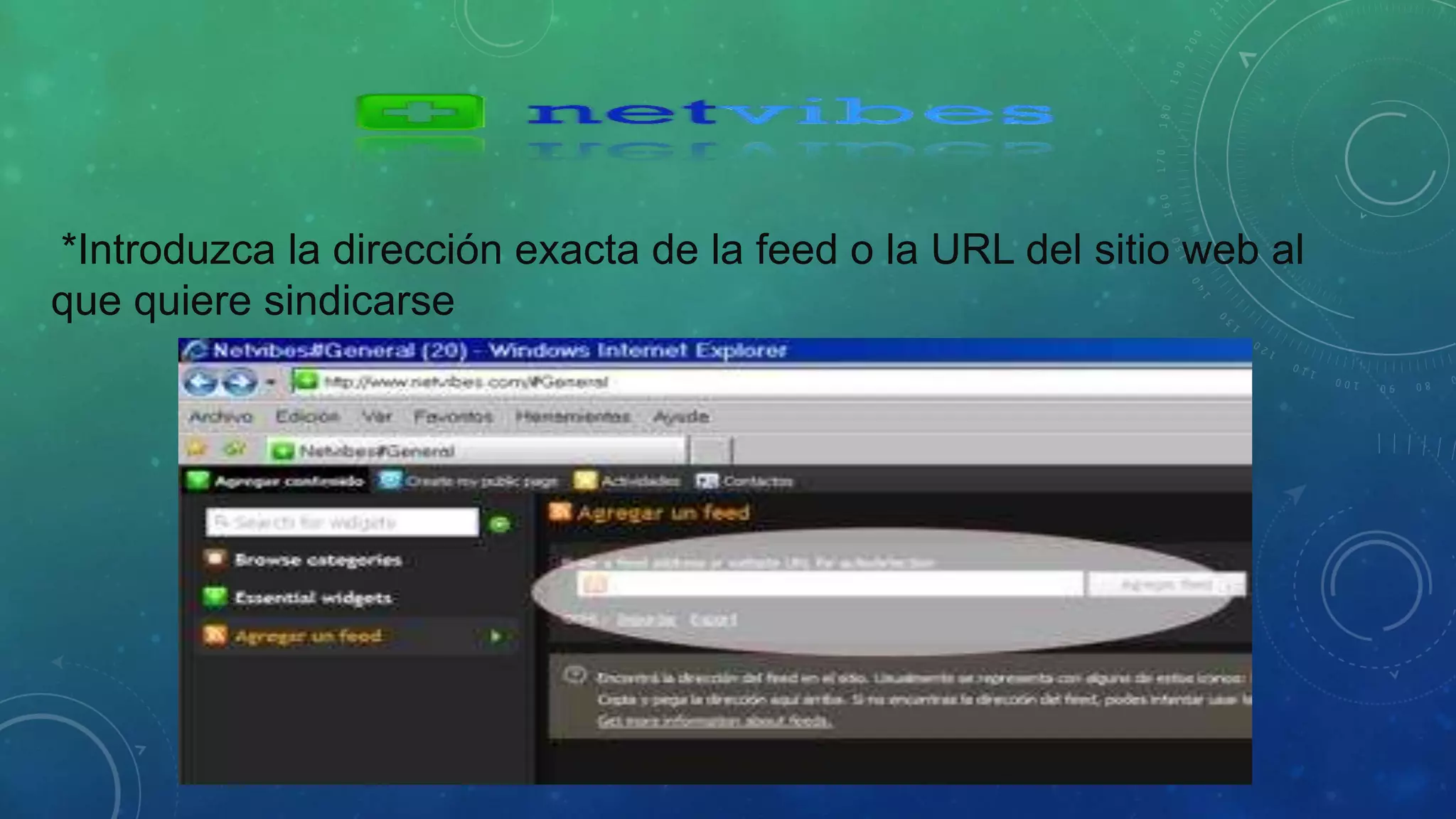 *Introduzca la dirección exacta de la feed o la URL del sitio web al 
que quiere sindicarse 
 