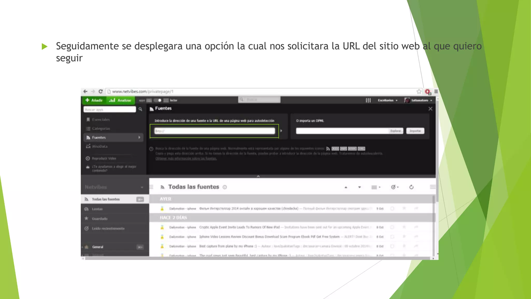  Seguidamente se desplegara una opción la cual nos solicitara la URL del sitio web al que quiero
seguir