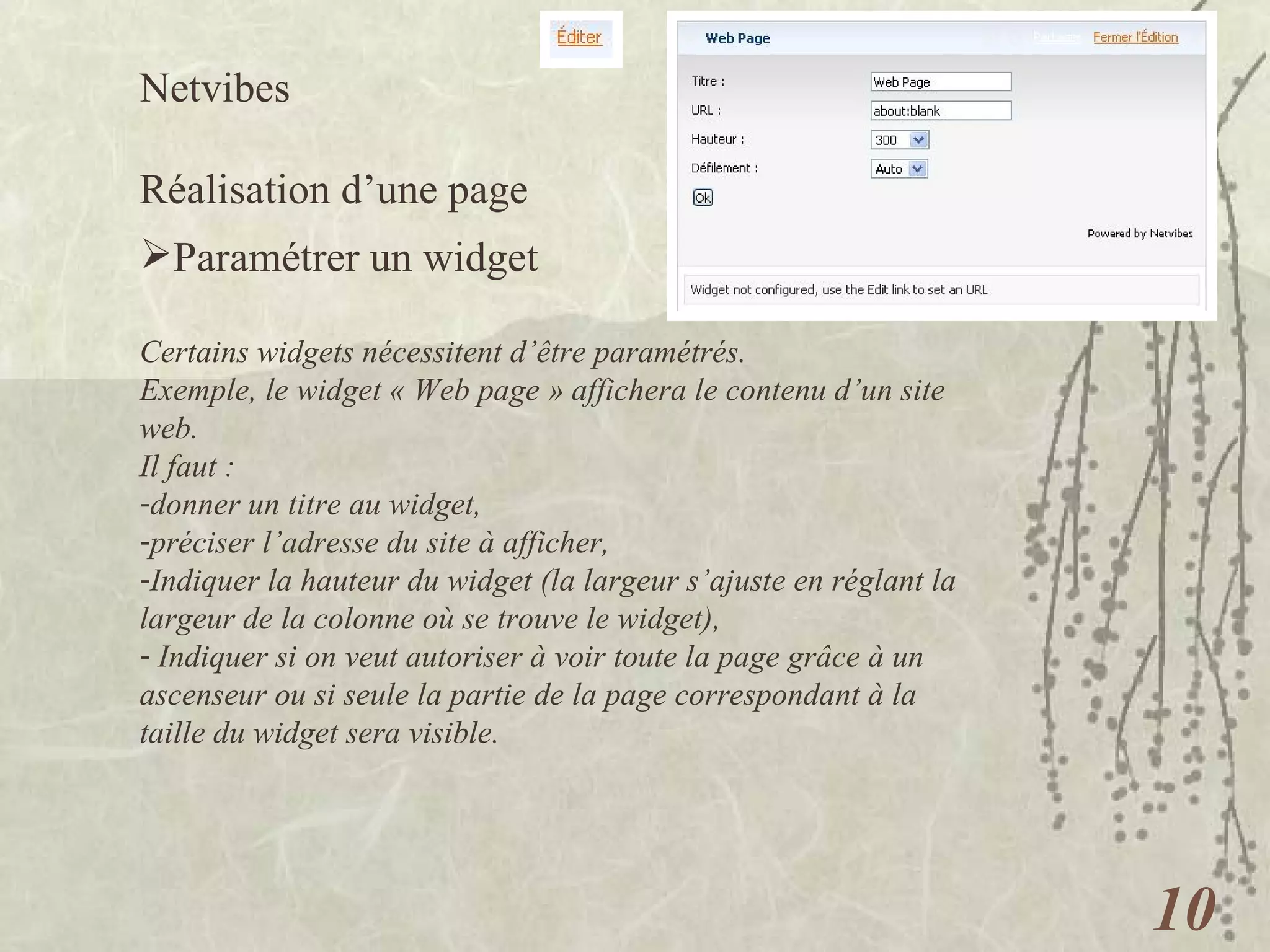 Netvibes  Réalisation d’une page Paramétrer un widget Certains widgets nécessitent d’être paramétrés. Exemple, le widget « Web page » affichera le contenu d’un site web.  Il faut : donner un titre au widget, préciser l’adresse du site à afficher, Indiquer la hauteur du widget (la largeur s’ajuste en réglant la largeur de la colonne où se trouve le widget), Indiquer si on veut autoriser à voir toute la page grâce à un ascenseur ou si seule la partie de la page correspondant à la taille du widget sera visible. 