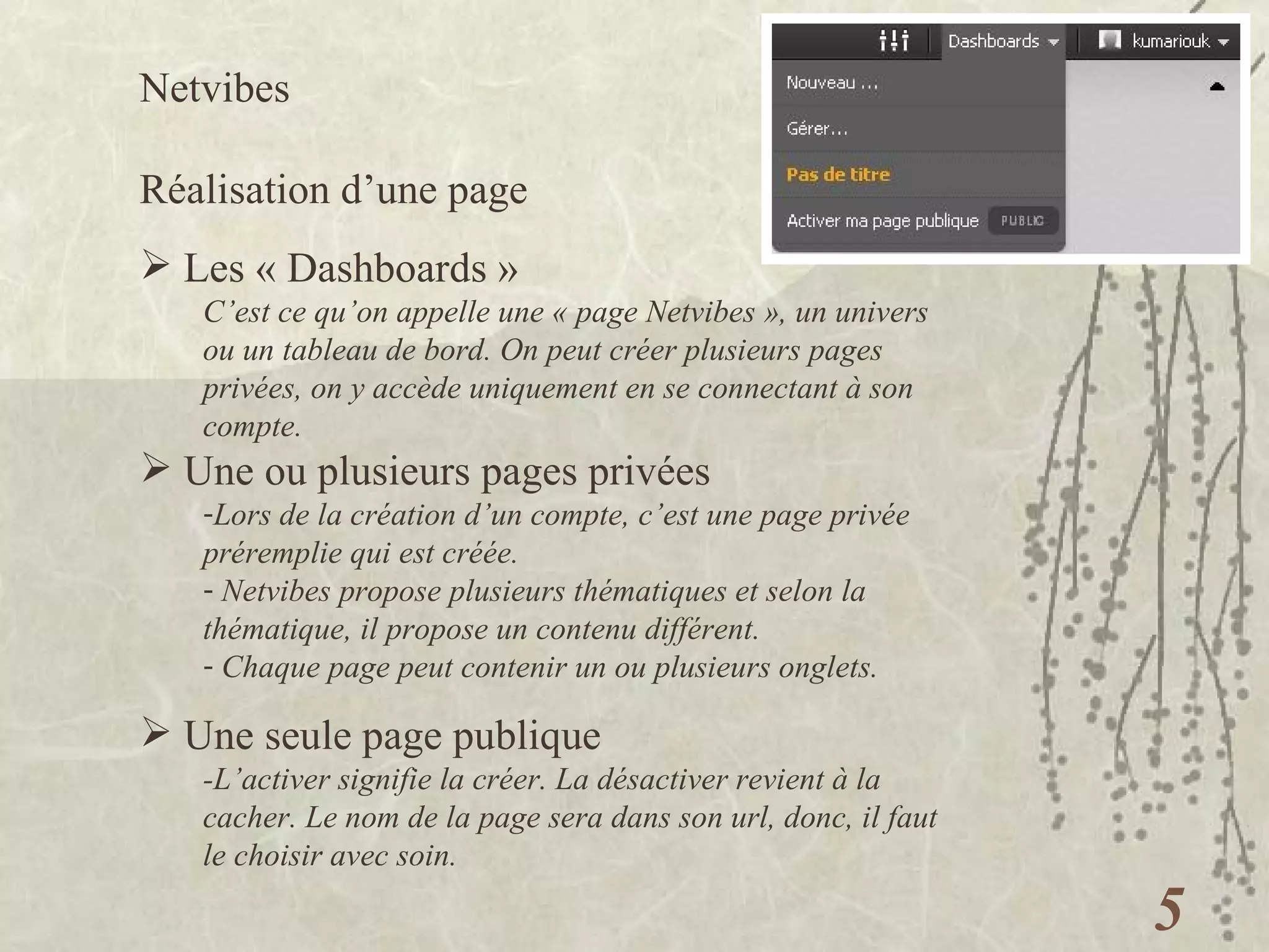 Netvibes  Réalisation d’une page Les « Dashboards » C’est ce qu’on appelle une « page Netvibes », un univers ou un tableau de bord. On peut créer plusieurs pages privées, on y accède uniquement en se connectant à son compte. Une ou plusieurs pages privées Lors de la création d’un compte, c’est une page privée préremplie qui est créée. Netvibes propose plusieurs thématiques et selon la thématique, il propose un contenu différent. Chaque page peut contenir un ou plusieurs onglets. Une seule page publique -L’activer signifie la créer. La désactiver revient à la cacher. Le nom de la page sera dans son url, donc, il faut le choisir avec soin. 