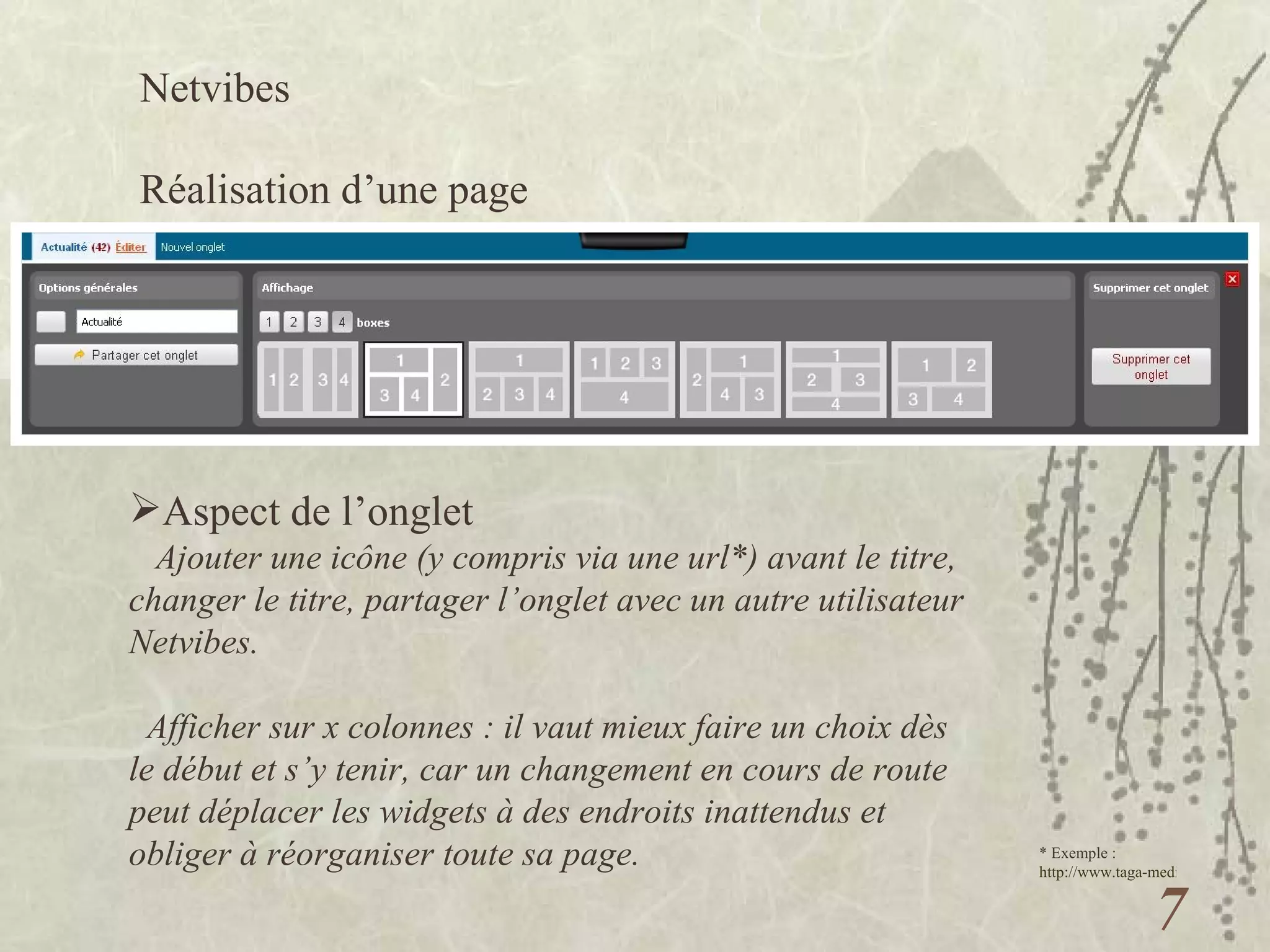 Netvibes  Réalisation d’une page Aspect de l’onglet Ajouter une icône (y compris via une url*) avant le titre, changer le titre, partager l’onglet avec un autre utilisateur Netvibes. Afficher sur x colonnes : il vaut mieux faire un choix dès le début et s’y tenir, car un changement en cours de route peut déplacer les widgets à des endroits inattendus et obliger à réorganiser toute sa page. * Exemple :  http://www.taga-medical.fr/images/medical_over.gif   