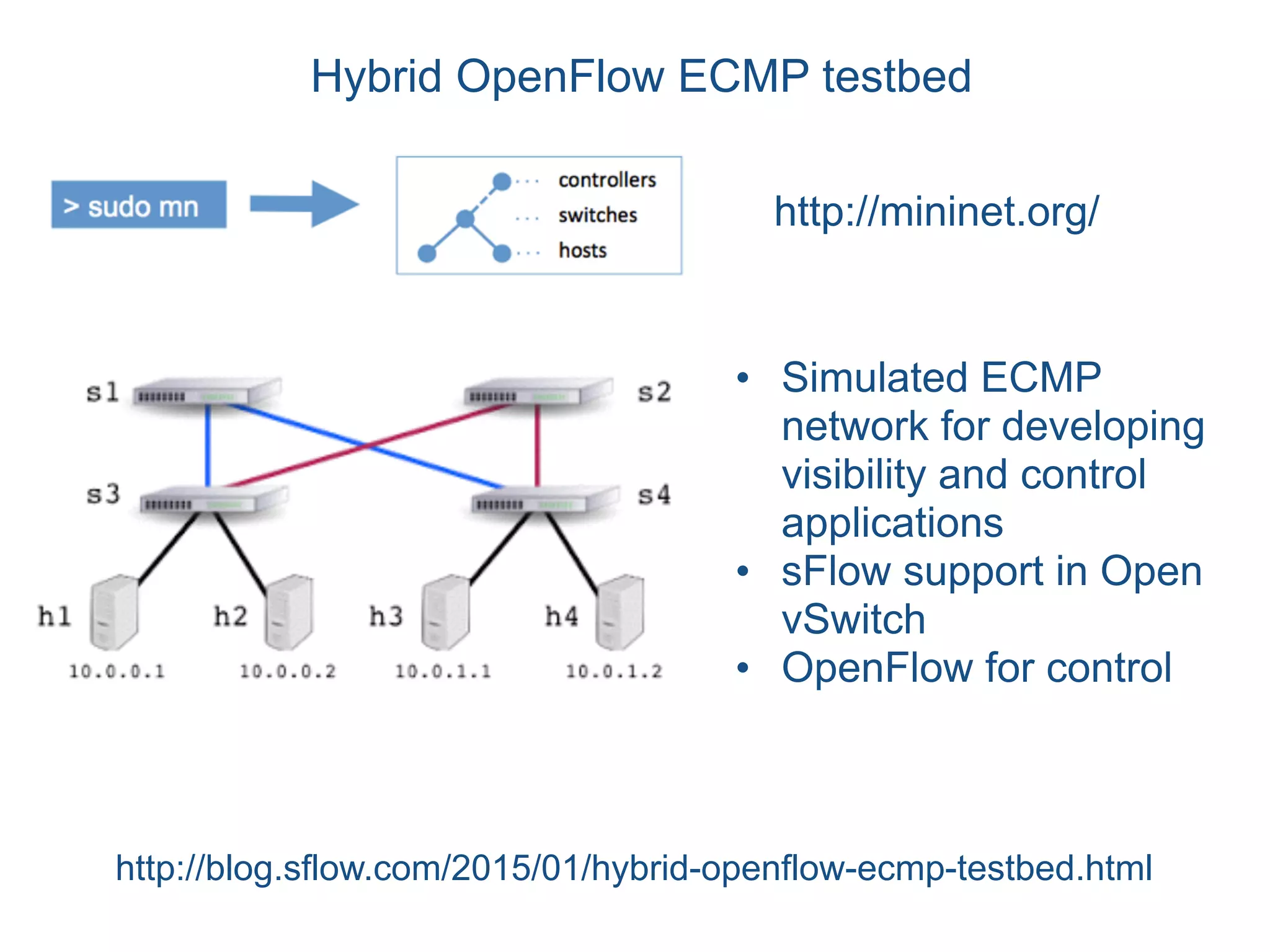 Hybrid OpenFlow ECMP testbed
http://blog.sflow.com/2015/01/hybrid-openflow-ecmp-testbed.html
http://mininet.org/
• Simulated ECMP
network for developing
visibility and control
applications
• sFlow support in Open
vSwitch
• OpenFlow for control
 