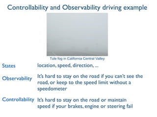 It’s hard to stay on the road if you can’t see the
road, or keep to the speed limit without a
speedometer
It’s hard to stay on the road or maintain
speed if your brakes, engine or steering fail
Controllability and Observability driving example
Observability
Controllability
States location, speed, direction, ...
Tule fog in California Central Valley
 