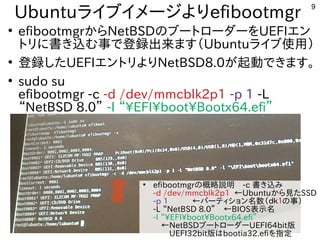 9
Ubuntuライブイメージよりよりefibootmgr
●
efibootmgrからNetBSDの内容とブートローダーを入れる内容です。UEFIエン
トリに書き込み）む事で登録出来ます（で登録出来ます。ます（インストール時などで書込み）Ubuntuライブ使用）
●
登録したタイミングで画面が映UEFIエントリよりNetBSD8.0が起動できます。
●
sudo su
efibootmgr -c -d /dev/mmcblk2p1 -p 1 -L
“NetBSD 8.0” -l “EFIbootBootx64.efi”
●
efibootmgrの内容と概略説明　ライトニングトーク-c 書き込み）み
-d /dev/mmcblk2p1 ←Ubuntuから見たたタイミングで画面が映SSD
-p 1 ←パーティション名数（インストール時などで書込み）ｄｋ１の内容と事で登録出来ます（）
-L “NetBSD 8.0”　ライトニングトーク←BIOS表示名
-l “EFIbootBootx64.efi”　ライトニングトーク
　ライトニングトーク←NetBSDブートローダーUEFI64bit版
　ライトニングトーク　ライトニングトークUEFI32bit版はbootia32.efiを入れる内容です。指定ファイルを読み込む
 