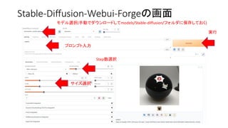 Stable-Diffusion-Webui-Forgeの画面
モデル選択(手動でダウンロードしてmodels/Stable-diffusion/フォルダに保存しておく)
プロンプト入力
サイズ選択
Step数選択
実行
 