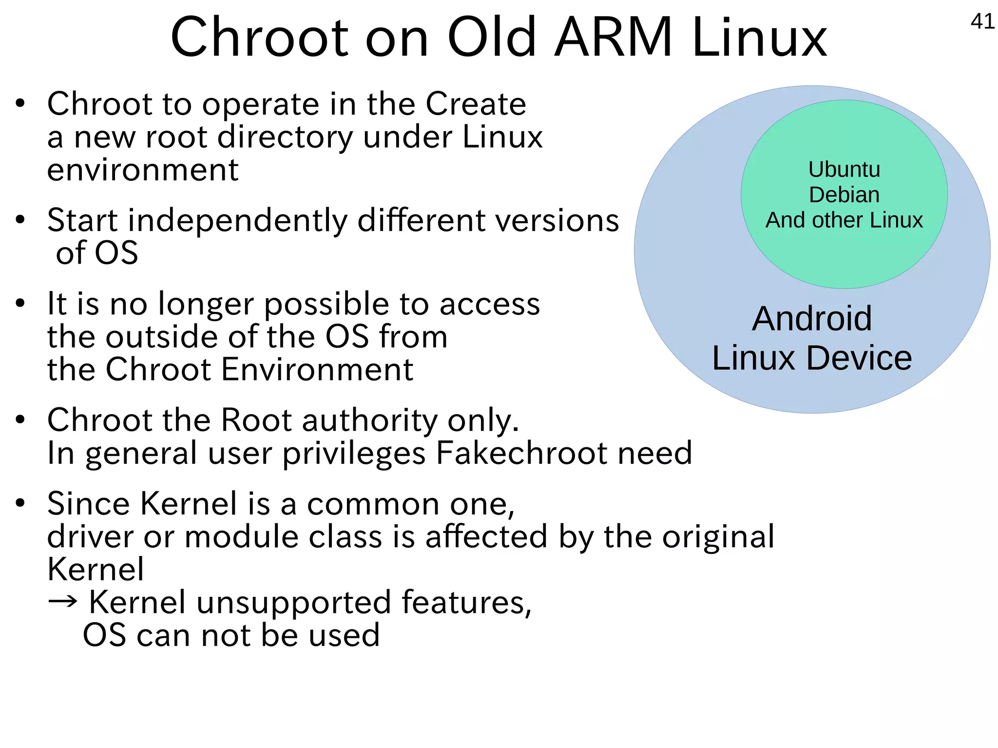 41 ARM devices Bootloader Boot loader MPU OS Storage Format Boot Modules License GNU GRUB x86 Linux *BSD MacOSX MSDOS HDD,floppy USB,LAN TFTP,Serial All DISK GPLv3 LILO x86 Linux *BSD MSDOS HDD,floppy USB,LAN TFTP,Serial All DISK BSD Licence eCos Redboot ARM,x86,68k, MIPS,Altera,P owerPC,Super H, others Linux *BSD MacOSX MSDOS HDD,floppy USB,LAN TFTP,Serial JFFS2、EXT2、E XT3、EXT4、FAT, others ROM、 RAM Mod GPLv2+ Das U-boot ARM,x86,68k, MIPS,Altera,P owerPC,Super H, others Linux *BSD Android HDD,floppy USB,LAN,Zip TFTP,Serial NFS Cramfs、EXT2、E XT3、EXT4、FAT 、FDOS、JFFS2、 ReiserFS、UBIFS 、YAFFS2 ROM、 RAM GPLv2 SeaBIOS x86 Win,MAC *BSD SecondaryROM Disk EXTx、FAT32、 NTFS ROM、RAM Coreboot LGPLv3 Multirom ARM Android Linux Android SecondaryROM USB EXTx、FAT32、 NTFS ROM、 RAM GPLv3 Bootloader are classified into ROM and Disk Bootloader. 