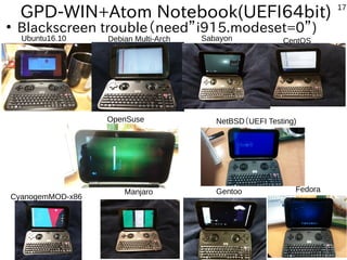 17
GPD-WIN+Atom Notebook(UEFI64bit)
●
Blackscreen trouble（need”i915.modeset=0”)
Ubuntu16.10 Debian Multi-Arch Sabayon CentOS
CyanogemMOD-x86
Manjaro Gentoo Fedora
NetBSD（UEFI Testing)OpenSuse
 