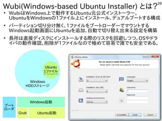 28
Wubi(Windows-based Ubuntu Installer) とは？
●
WubiはWindows上で動作するUbuntu元公式インストーラー。
UbuntuをWindowsの1ファイル上にインストール、デュアルブートする構成
●
パーティション切り分け無く、1ファイルをブートローダーでマウントする
Windows起動画面にUbuntuを追加、自動で切り替え出来る設定を構築
●
長所は直接ディスクにインストールする際のリスクを回避しつつ、OSやドラ
イバの動作確認。削除が1ファイルなので極めて容易で誰でも安全である。
Windows
HDDストレージ
Ubuntu
1ファイル
ループバックイメージ
ブート
ローダ
Windows起動
Ubuntu起動Grub
 