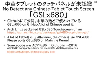 69
中華タブレットのタッチパネルが未認識
No Detect any Chinese-Tablet Touch Screen
「GSLx680」
●
Githubにて公開。中華の殆どで使われている
GSLｘ６８０ on GitHub.A lot of Chinese used it.
●
Arch Linux packaged GSLx680 Touchscreen driver
https://aur.archlinux.org/packages/gslx680-acpi-dkms-git/
●
A lot of Tablet( x86, Allwinner, the others) use GSLx680.
Please ports GSLx680 on Mainline Kernel !!!
●
Sourcecode was ACPI/x86 in Github in ～2016
ACPI/x86 compatible driver for Silead GSLx680 touchscreens
https://github.com/onitake/gslx680-acpi
 
