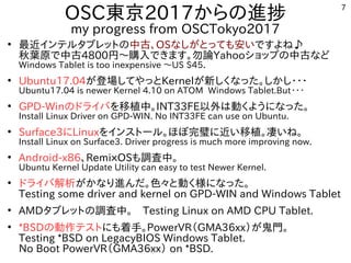7
OSC東京2017からの進捗
my progress from OSCTokyo2017
●
最近インテルタブレットの中古、OSなしがとっても安いですよね♪
秋葉原で中古4800円～購入できます。勿論Yahooショップの中古など
Windows Tablet is too inexpensive ～US $45．
●
Ubuntu17.04が登場してやっとKernelが新しくなった。しかし・・・
Ubuntu17.04 is newer Kernel 4.10 on ATOM Windows Tablet.But・・・
●
GPD-Winのドライバを移植中。INT33FE以外は動くようになった。
Install Linux Driver on GPD-WIN. No INT33FE can use on Ubuntu.
●
Surface3にLinuxをインストール。ほぼ完璧に近い移植。凄いね。
Install Linux on Surface3. Driver progress is much more improving now.
●
Android-x86、RemiｘOSも調査中。
Ubuntu Kernel Update Utility can easy to test Newer Kernel.
●
ドライバ解析がかなり進んだ。色々と動く様になった。
Testing some driver and kernel on GPD-WIN and Windows Tablet
●
AMDタブレットの調査中。　Testing Linux on AMD CPU Tablet.
●
*BSDの動作テストにも着手。PowerVR（GMA36xx）が鬼門。
Testing *BSD on LegacyBIOS Windows Tablet.
No Boot PowerVR（GMA36xx） on *BSD.
 