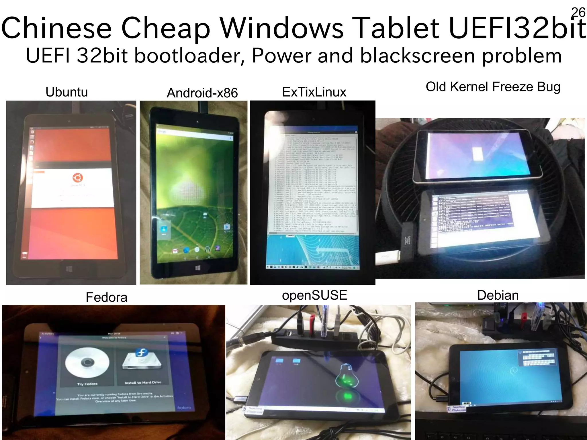 26
Manjaro
Debian
Old Kernel Freeze Bug
Chinese Cheap Windows Tablet UEFI32bit
UEFI 32bit bootloader, Power and blackscreen problem
Ubuntu
Fedora
Android-x86 ExTixLinux
openSUSE
 