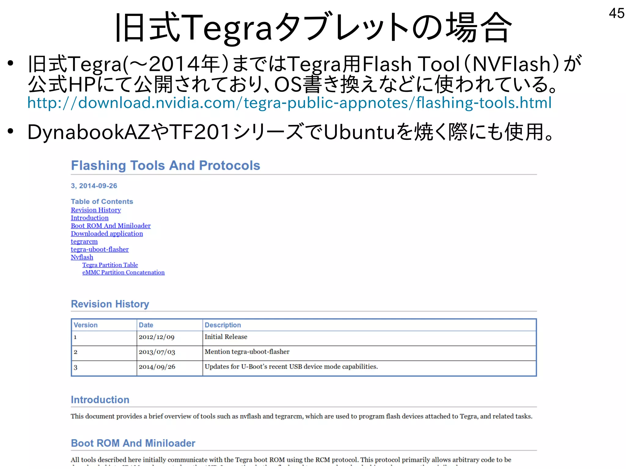 45
旧式にモデル移植。今はサポート切れTegraタブレットにの場として一緒にやりませんか？合
●
旧式にモデル移植。今はサポート切れTegra(～2014年と）まではTegra用Flash Tool（NVFlash）が多すぎて十分に実験出来てません
公式にモデル移植。今はサポート切れHPにて公開しています。されてお勧めり、OS書き換するだけで起動えな事やってますどに使ってわれている内容です。
http://download.nvidia.com/tegra-public-appnotes/flashing-tools.html
●
DynabookAZやTF201シリーズでUbuntuを入れて焼くく経済的にリサイクルしよう 際に。にも使って用。
 