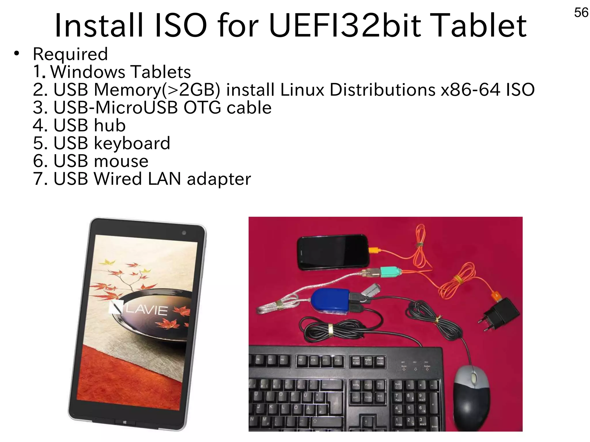 56
Install ISO for UEFI32bit Tablet
●
Required
１．Windows Tablets
2. USB Memory(>2GB) install Linux Distributions x86-64 ISO
3. USB-MicroUSB OTG cable
4. USB hub
5. USB keyboard
6. USB mouse
7. USB Wired LAN adapter
 
