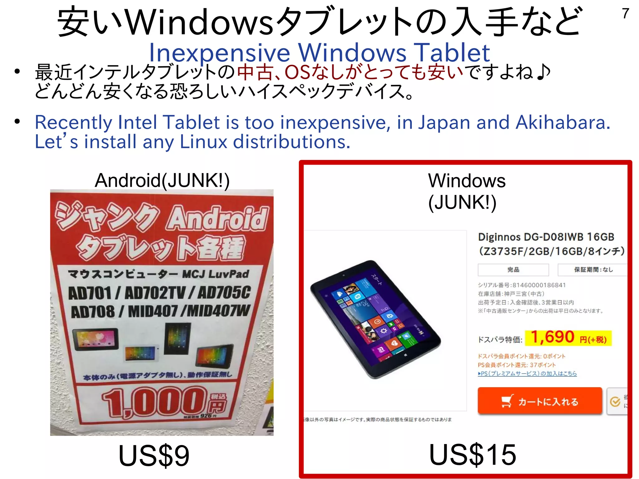 7
安いWindowsタブレットにの入れて手などな事やってますど
Inexpensive Windows Tablet●
最近インテルタブレットのインテルしよう タブレットにの中古、OSな事やってますしが多すぎて十分に実験出来てませんとっても安いですよね♪
どんどん安く経済的にリサイクルしよう な事やってまする内容です恐ろしいハイスペックデバイス。ろしいハイスを主体にペックデバイスを主体に。
●
Recently Intel Tablet is too inexpensive, in Japan and Akihabara.
Let’s install any Linux distributions.
Android(JUNK!) Windows
(JUNK!)
US$9 US$15
 