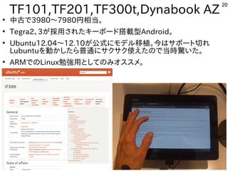 20
TF101,TF201,TF300t,Dynabook AZ
●
中古で3980～7980円から相当。
●
Tegra2、3が多すぎて十分に実験出来てません採用された構成でキーボード搭載型Android。
●
Ubuntu12.04～12.10が多すぎて十分に実験出来てません公式にモデル移植。今はサポート切れにモデルしよう 移植が容易。今はサポートに切れている機種は更に安いれ
Lubuntuを入れて動かした構成でら普通にサクサク使えたので当時驚いた。にサクサク使ってえた構成でので当時驚いた。いた構成で。
●
ARMでのLinux勉強用としてのみオスを主体にスを主体にメ。
 