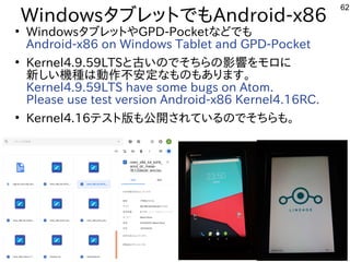 62
WindowsタブレットにでもAndroid-x86
●
WindowsタブレットにやGPD-Pocketな事やってますどでも
Android-x86 on Windows Tablet and GPD-Pocket
●
Kernel4.9.59LTSと古いのでそちらの影響でを入れてモロに
新しい機種が多すぎて十分に実験出来てませんは動作を楽しんでます不安定な事やってますものもあります。
Kernel4.9.59LTS have some bugs on Atom.
Please use test version Android-x86 Kernel4.16RC.
●
Kernel4.16テスを主体にトに版でも公開しています。されている内容ですのでそちらも。
 