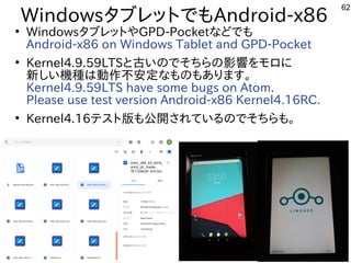 62
WindowsタブレットにでもAndroid-x86
●
WindowsタブレットにやGPD-Pocketな事やってますどでも
Android-x86 on Windows Tablet and GPD-Pocket
●
Kernel4....