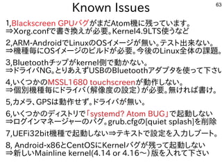 63
Known Issues
１,Blackscreen GPUバグしたい人はが多すぎて十分に実験出来てませんまだAtom機に残すっています。
⇒Xorg.confで書き換するだけで起動えが多すぎて十分に実験出来てません必要。Kernel4....