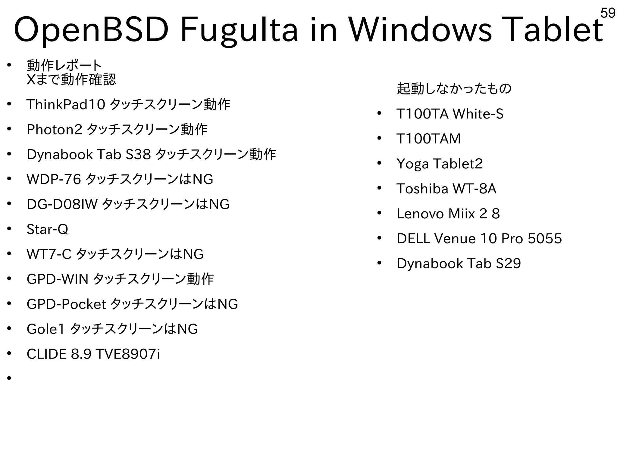 59
OpenBSD FuguIta in Windows Tablet
●
動作レポート
Xまで動作確認
●
ThinkPad10 タッチスクリーン動作
●
Photon2 タッチスクリーン動作
●
Dynabook Tab S38 タッチスクリーン動作
●
WDP-76 タッチスクリーンはNG
●
DG-D08IW タッチスクリーンはNG
●
Star-Q
●
WT7-C タッチスクリーンはNG
●
GPD-WIN タッチスクリーン動作
●
GPD-Pocket タッチスクリーンはNG
●
Gole1 タッチスクリーンはNG
●
CLIDE 8.9 TVE8907i
●
起動しなかったもの
●
T100TA White-S
●
T100TAM
●
Yoga Tablet2
●
Toshiba WT-8A
●
Lenovo Miix 2 8
●
DELL Venue 10 Pro 5055
●
Dynabook Tab S29
 