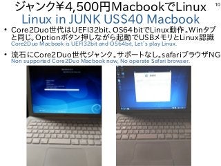 10
ジャンク￥4,500円MacbookでLinux
Linux in JUNK US$40 Macbook
●
Core2Duo世代はUEFI32bit、OS64bitでLinux動作。Winタブ
と同じ。Optionボタン押しながら起動でUSBメモリとLinux認識
Core2Duo Macbook is UEFI32bit and OS64bit, Let’s play Linux.
●
流石にCore2Duo世代ジャンク。サポートなし。safariブラウザNG
Non supported Core2Duo Macbook now, No operate Safari browser.
 
