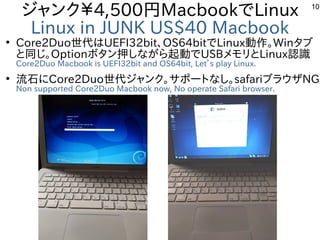 10
ジャンク￥4,500円MacbookでLinux
Linux in JUNK US$40 Macbook
●
Core2Duo世代はUEFI32bit、OS64bitでLinux動作。Winタブ
と同じ。Optionボタン押しながら起動で...