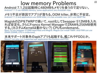 22
low memory Problems
Android 7.1.2は起動時に480MBもメモリを食うので足りない。
Android 7.1.2 use 480MB memory, some applications are shutdow...