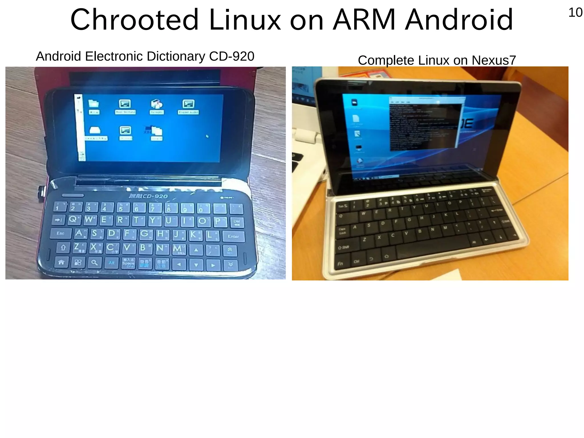 10
Chrooted Linux on ARM Android
Android Electronic Dictionary CD-920 Complete Linux on Nexus7
 
