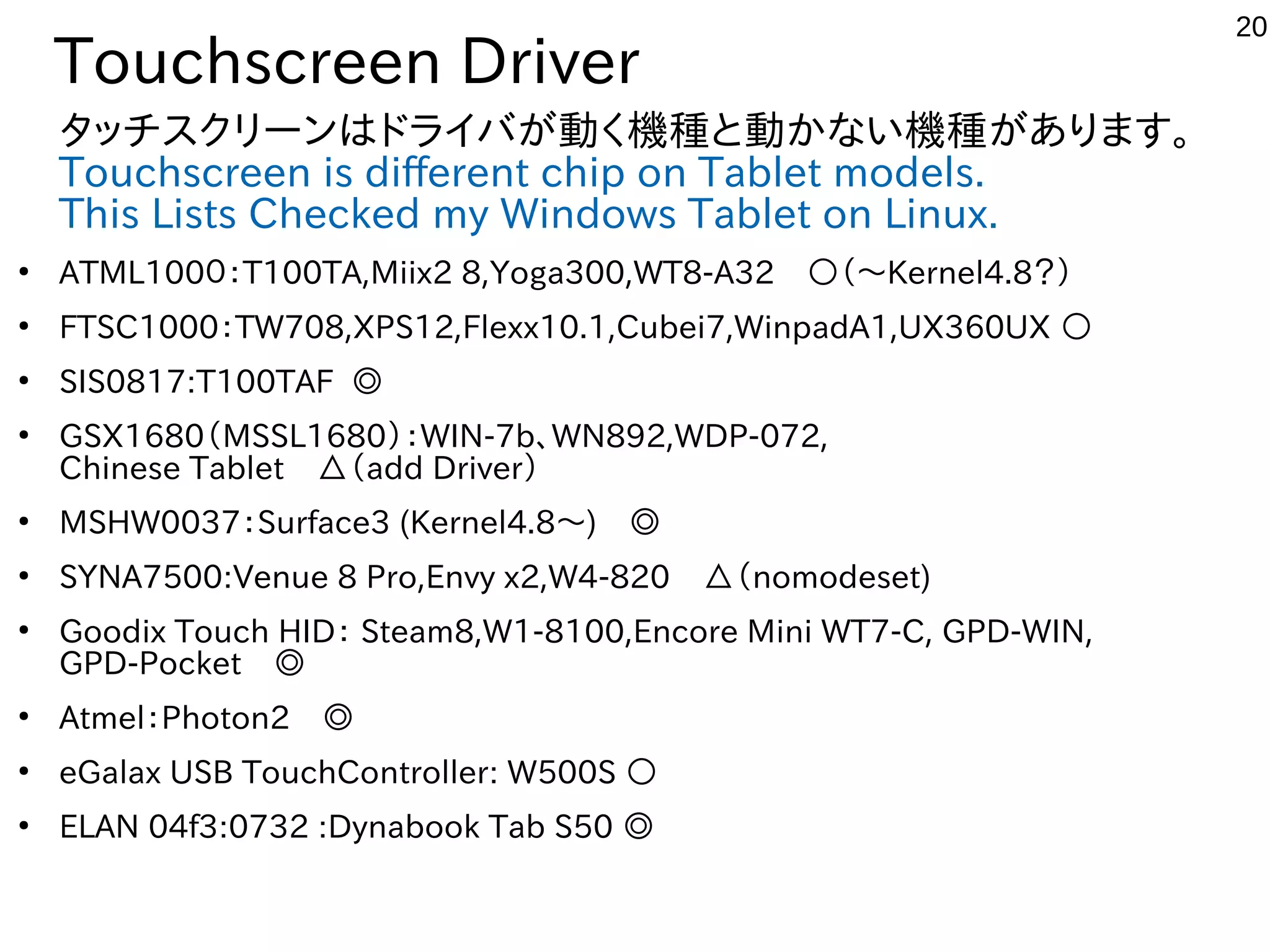 20
Touchscreen Driver
タッチスクリーンはドライバが動く機種と動かない機種があります。
Touchscreen is different chip on Tablet models.
This Lists Checked my Windows Tablet on Linux.
●
ATML100０：T100TA,Miix2 8,Yoga300,WT8-A32　○（〜Kernel4.8？）
●
FTSC1000：TW708,XPS12,Flexx10.1,Cubei7,WinpadA1,UX360UX ○
●
SIS0817:T100TAF ◎
●
GSX1680（MSSL1680）：WIN-7b、WN892,WDP-072,
Chinese Tablet　△（add Driver）
●
MSHW0037：Surface3 (Kernel4.8〜)　◎
●
SYNA7500:Venue 8 Pro,Envy x2,W4-820　△（nomodeset)
●
Goodix Touch HID： Steam8,W1-8100,Encore Mini WT7-C, GPD-WIN,
GPD-Pocket　◎
●
Atmel：Photon2　◎
●
eGalax USB TouchController: W500S ○
●
ELAN 04f3:0732 :Dynabook Tab S50 ◎
 