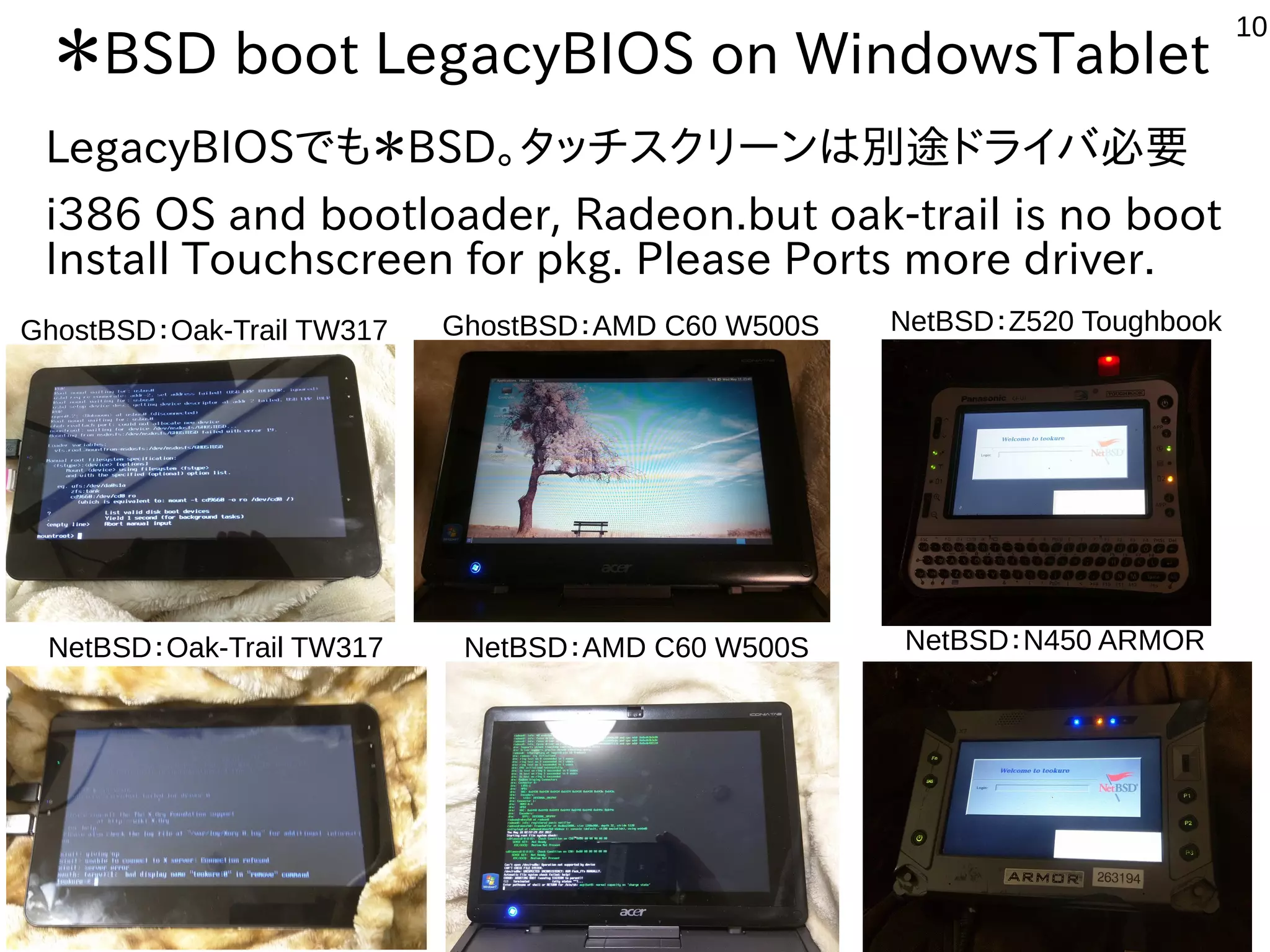 10
＊BSD boot LegacyBIOS on WindowsTablet
LegacyBIOSでも＊BSD。タッチスクリーンは別途ドライバ必要
i386 OS and bootloader, Radeon.but oak-trail is no boot
Install Touchscreen for pkg. Please Ports more driver.
NetBSD：Oak-Trail TW317
GhostBSD：Oak-Trail TW317 GhostBSD：AMD C60 W500S
NetBSD：N450 ARMORNetBSD：AMD C60 W500S
NetBSD：Z520 Toughbook
 