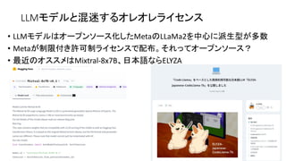 LLMモデルと混迷するオレオレライセンス
• LLMモデルはオープンソース化したMetaのLLaMa2を中心に派生型が多数
• Metaが制限付き許可制ライセンスで配布。それってオープンソース？
• 最近のオススメはMixtral-8x7B、日本語ならELYZA
 