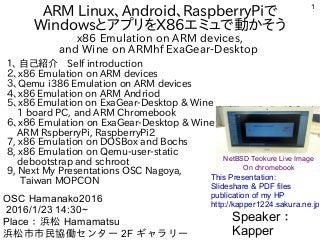 1
ARM Linux、Android、RaspberryPiで
WindowsとアプリをX86エミュで動かそう
x86 Emulation on ARM devices,
and Wine on ARMhf ExaGear-Desktop
１、 自己紹介　Self introduction
２、x86 Emulation on ARM devices
３、Qemu i386 Emulation on ARM devices
4、x86 Emulation on ARM Andriod
5、x86 Emulation on ExaGear-Desktop & Wine
1 board PC, and ARM Chromebook
６、x８６ Emulation on ExaGear-Desktop & Wine
ARM RspberryPi, RaspberryPi2
7, x86 Emulation on DOSBox and Bochs
8, x86 Emulation on Qemu-user-static
debootstrap and schroot
9, Next My Presentations OSC Nagoya,
Taiwan MOPCON
Speaker：
Kapper
OSC Hamanako2016
2016/1/23 14:30~
Place：浜松 Hamamatsu
浜松市市民協働センター 2F ギャラリー
NetBSD Teokure Live Image
On chromebook
This Presentation:
Slideshare & PDF files
publication of my HP
http://kapper1224.sakura.ne.jp
 
