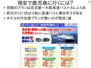 22
格安で鹿児島に行くには？
●
究極のプランは名古屋〜大阪高速バス＋さんふらあ
●
前日の12：00より前に高速バスに乗る辛さがある
●
ホテル付き往復プランが無いのが残念（違
 