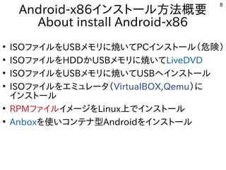 8
Android-x86インストール方法概要
About install Android-x86
●
ISOファイルをUSBメモリに焼いてPCインストール（危険）
●
ISOファイルをHDDかUSBメモリに焼いてLiveDVD
●
ISOファイルをUSBメモリに焼いてUSBへインストール
●
ISOファイルをエミュレータ（VirtualBOX,Qemu）に
インストール
●
RPMファイルイメージをLinux上でインストール
●
Anboxを使いコンテナ型Androidをインストール
 