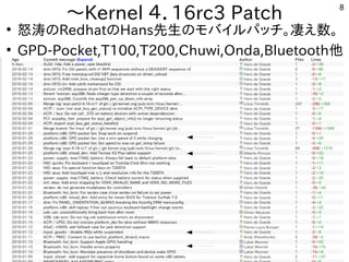 8
〜Kernel ４．16rc3 Patch
●
怒涛のRedhatのHans先生のモバイルパッチ。凄え数。
●
GPD-Pocket,T100,T200,Chuwi,Onda,Bluetooth他
 