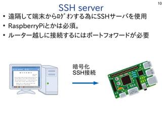10
SSH server
●
遠隔して端末からﾛｸﾞｵﾝする為にして端末からﾛｸﾞｵﾝする為にからﾛｸﾞｵﾝする事  為にに移植。SSHサーバ用途からを勉強しています。使った用
●
RaspberryPiとかは必須。
●
ルータ解析などやっています。ー越しに接続するにはポートフォワードが必要しに移植。接続する事  に移植。はポートフォワードの開示を要求が開発した必要
暗号化ﾋﾞﾙﾄﾞ
SSH接続
 