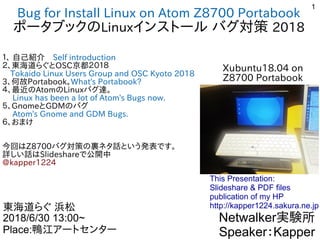 1
Bug for Install Linux on Atom Z8700 Portabook
ポータブックののLinuxインストール バグ対策 対策 2018
１、 自己紹介　Self introduction
２、東海道らぐとらぐとOSC京都２０１８
　Tokaido Linux Users Group and OSC Kyoto 2018
3、何故Portabook。What's Portabook?
４、最近ののAtomのLinuxバグ対策 達。
　 Linux has been a lot of Atom's Bugs now.
５、GnomeとGDMのバグ対策 
　 Atom's Gnome and GDM Bugs.
６、おまけ
　
今回ははZ8700バグ対策 対策の裏ネタ話という発表です。ネタ話という発表です。という発表です。発表です。です。
詳しい話はしい話という発表です。はSlideshareで公開中
@kapper1224kapper1224
Netwalker実験所
Speaker：Kapper
東海道らぐとらぐ 浜松
2018/6/30 13:00~
Place:鴨江アートセンターアートセンター
This Presentation:
Slideshare & PDF files
publication of my HP
http://kapper1224.sakura.ne.jp
Xubuntu18.04 on
Z8700 Portabook
 