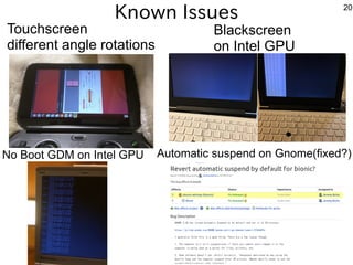 20
Known Issues
Touchscreen
different angle rotations
Blackscreen
on Intel GPU
No Boot GDM on Intel GPU Automatic suspend on Gnome(fixed?)
 