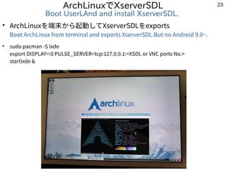 23
ArchLinuxでXserverSDL
Boot UserLAnd and install XserverSDL.
●
ArchLinuxを端末から起動してXserverSDLをexports
Boot ArchLinux from t...