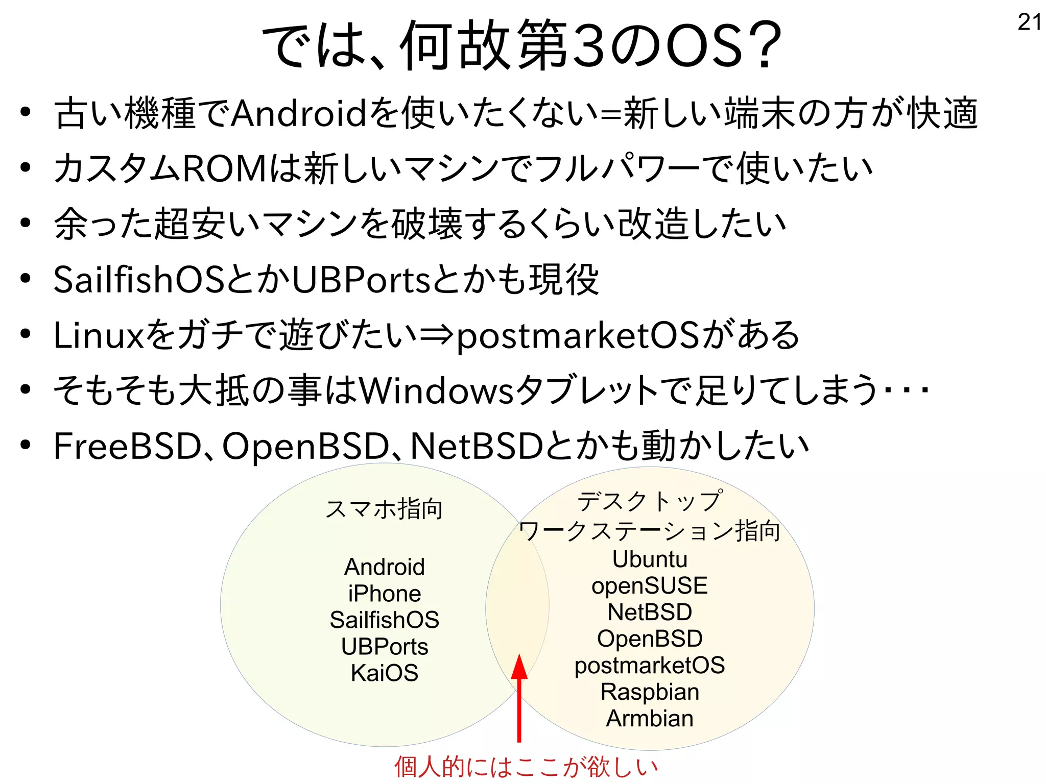 21
では、何故第3のOS？
●
古い機種でAndroidを使いたくない=新しい端末の方が快適
●
カスタムROMは新しいマシンでフルパワーで使いたい
●
余った超安いマシンを破壊するくらい改造したい
●
SailfishOSとかUBPortsとかも現役
●
Linuxをガチで遊びたい⇒postmarketOSがある
●
そもそも大抵の事はWindowsタブレットで足りてしまう・・・
●
FreeBSD、OpenBSD、NetBSDとかも動かしたい
スマホ指向
Android
iPhone
SailfishOS
UBPorts
KaiOS
デスクトップ
ワークステーション指向
Ubuntu
openSUSE
NetBSD
OpenBSD
postmarketOS
Raspbian
Armbian
個人的にはここが欲しい
 