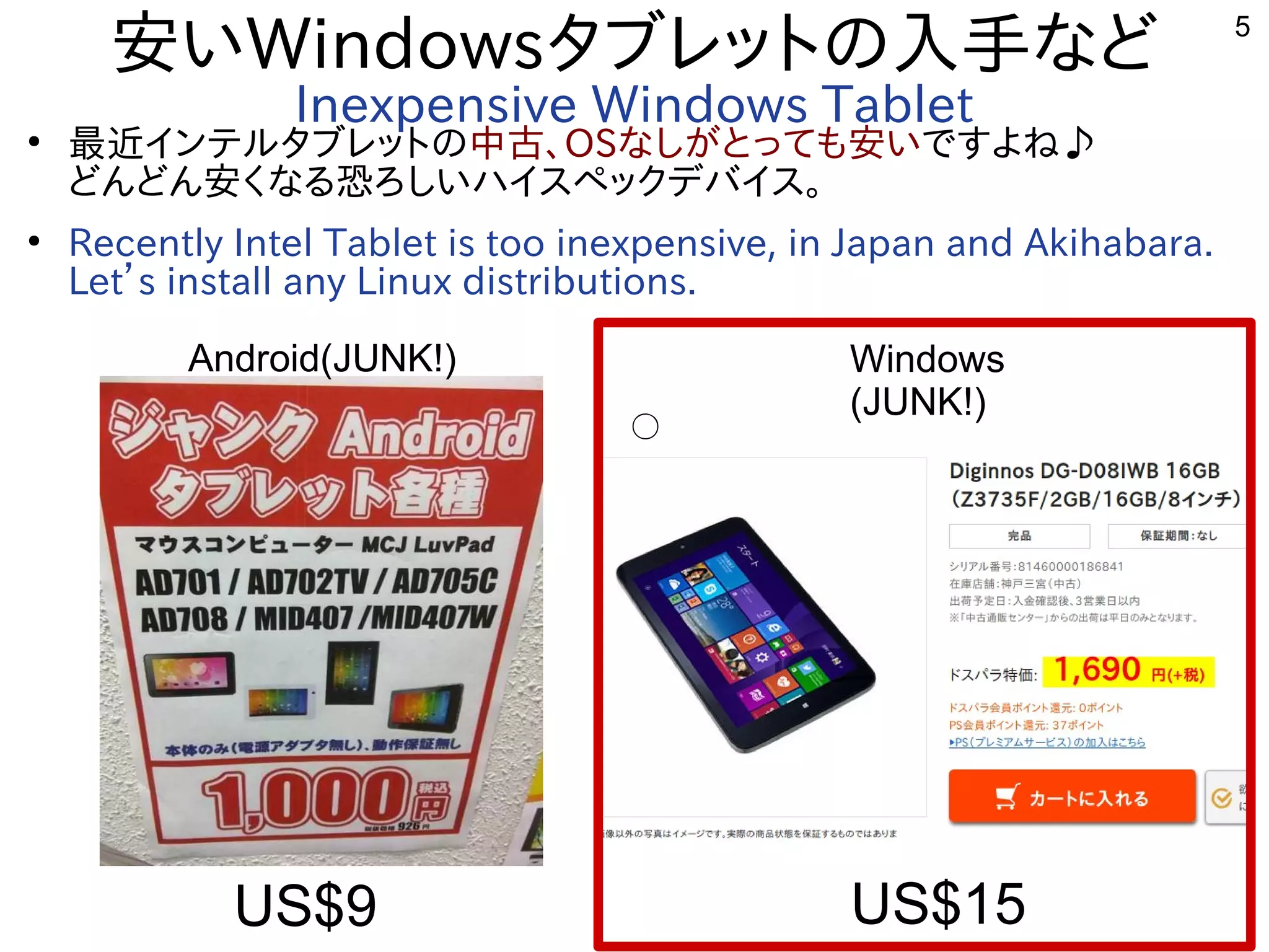 5
安いWindowsタブレットの入手など
Inexpensive Windows Tablet●
最近インテルタブレットの中古、OSなしがとっても安いですよね♪
どんどん安くなる恐ろしいハイスペックデバイス。
●
Recently Intel Tablet is too inexpensive, in Japan and Akihabara.
Let’s install any Linux distributions.
Android(JUNK!) Windows
(JUNK!)
US$9 US$15
○
 