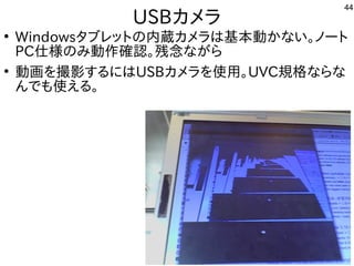 44
USBカメラ
●
Windowsタブレットの内蔵カメラは基本動かない。ノート
PC仕様のみ動作確認。残念ながら
●
動画を撮影するにはUSBカメラを使用。UVC規格ならな
んでも使える。
 