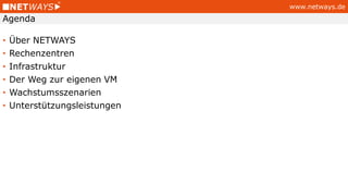 www.netways.de
• Über NETWAYS
• Rechenzentren
• Infrastruktur
• Der Weg zur eigenen VM
• Wachstumsszenarien
• Unterstützungsleistungen
Agenda
 