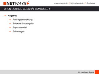 www.netways.de // blog.netways.de // @netways
We love Open Source
OPEN SOURCE GESCHÄFTSMODELL 1
￭ Angebot
￭ Auftragsentwicklung
￭ Software Subscription
￭ Supportmodell
￭ Schulungen
 